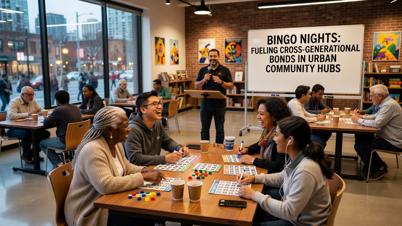 Older and younger players collaborating over bingo cards while volunteers call numbers at a city community hall