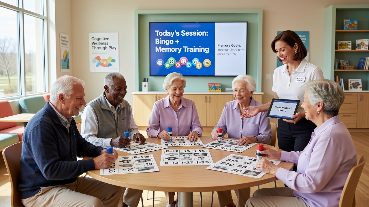 Close-up of adapted bingo cards with visual markers used in senior memory training sessions