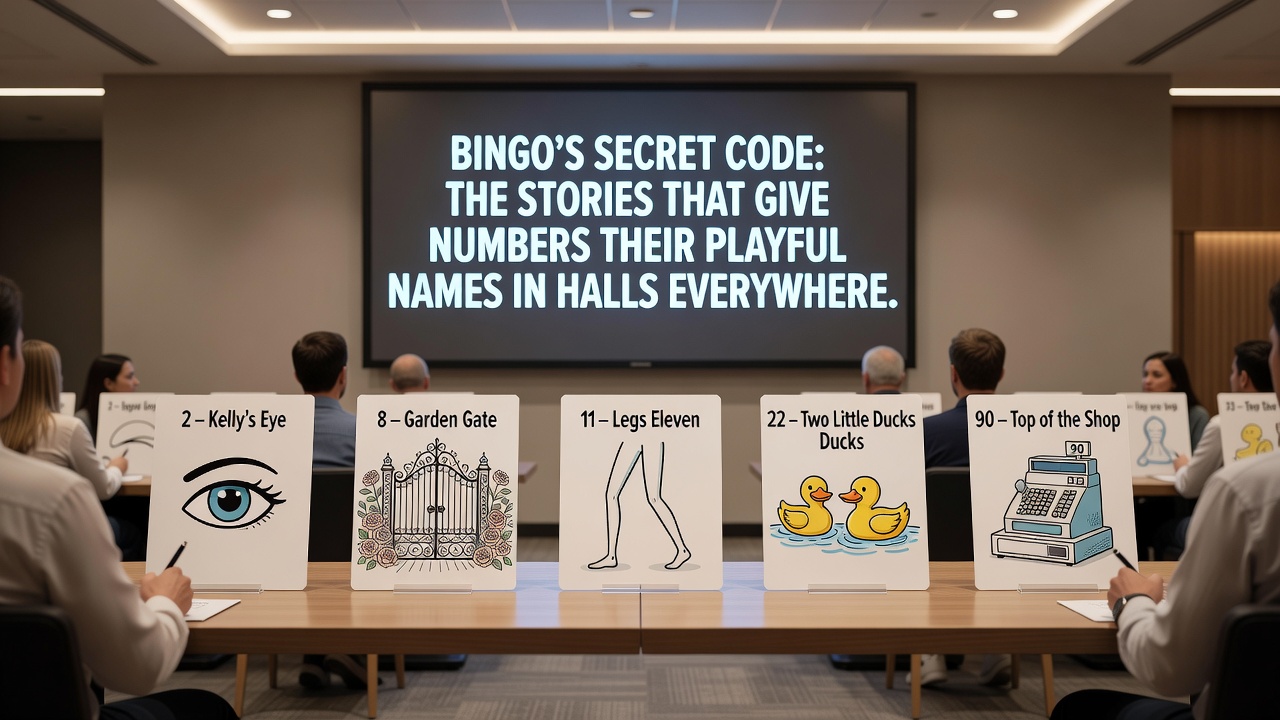 Vintage bingo hall with callers using traditional number nicknames on a busy evening session
