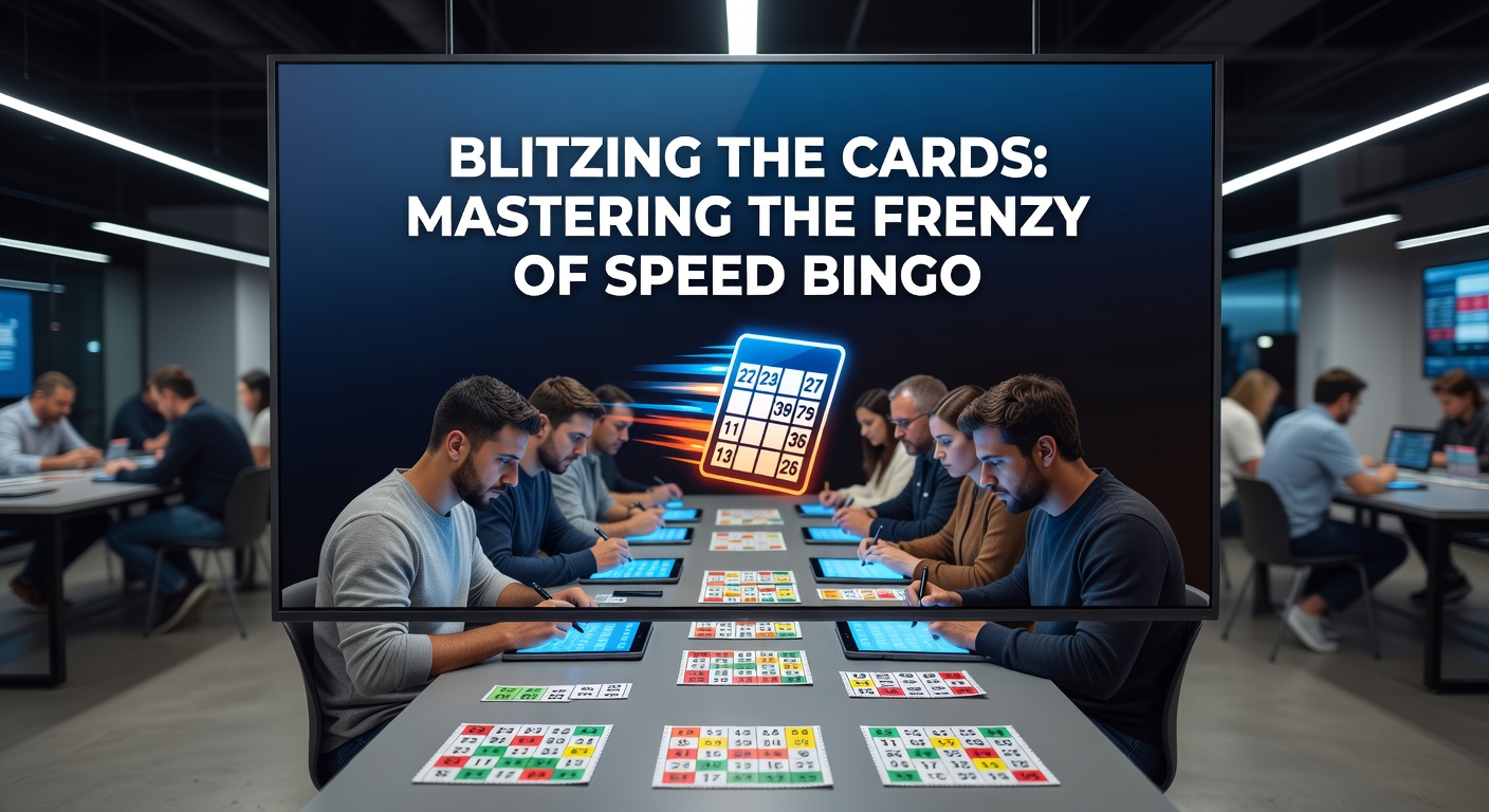 Players huddled around speed bingo cards in a lively hall, markers flying as numbers flash on the screen