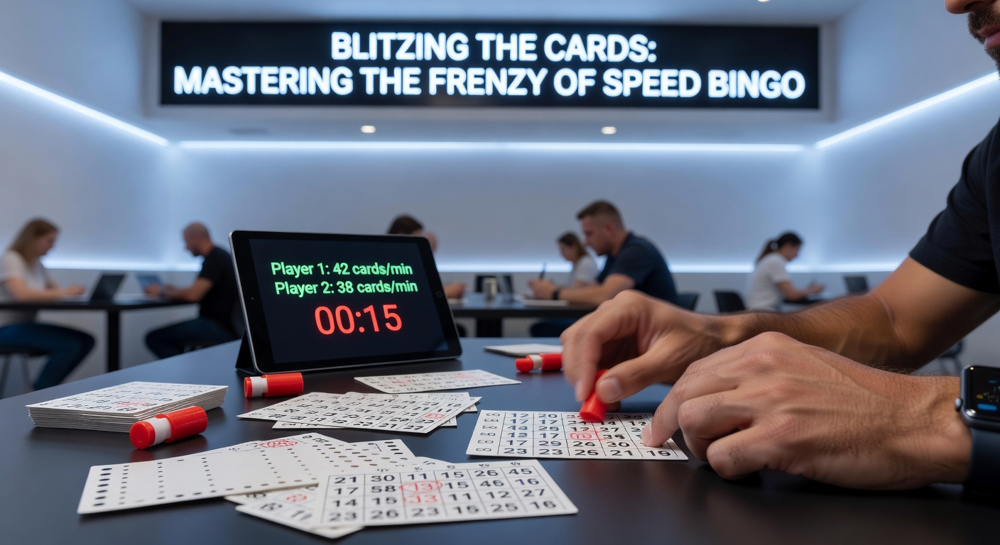 Close-up of a speed bingo card mid-marking, with numbers rapidly called on a digital display in the background