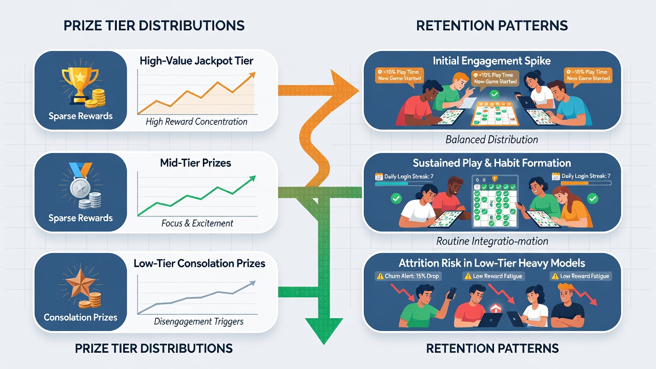 Analytics dashboard illustrating retention curves across different bingo session lengths and prize tiers