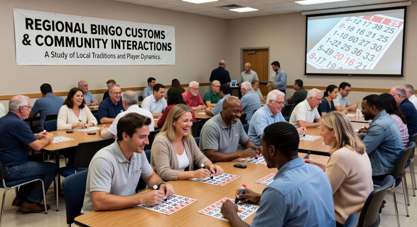 Community bingo hall with players engaging in regional customs during a lively session
