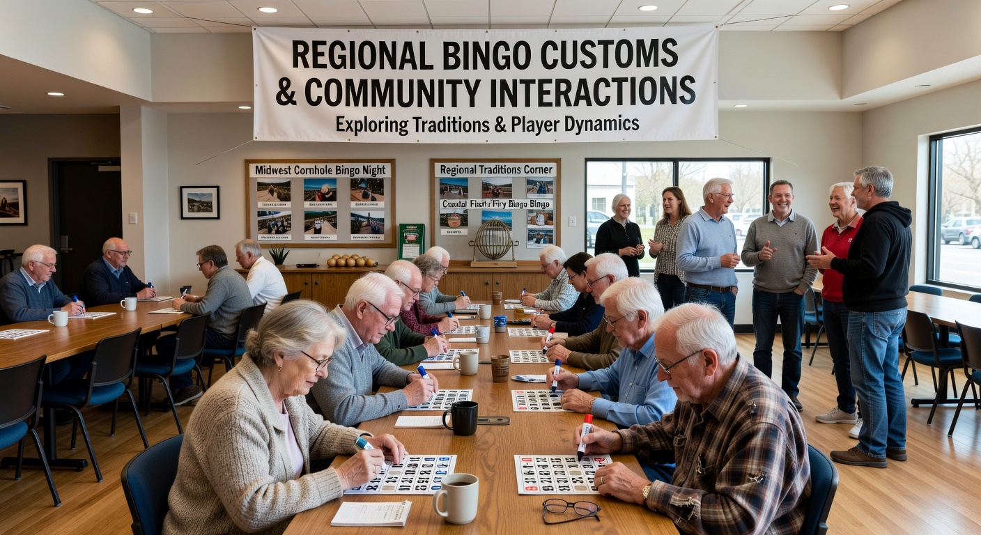 Players at bingo tables demonstrating regional interaction styles in a bustling community venue