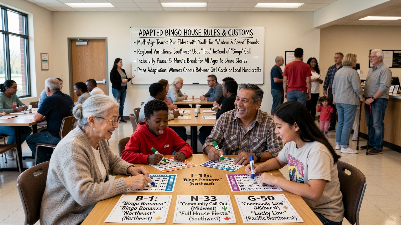 Diverse group of people playing bingo together at a community hall with mixed ages including children and seniors