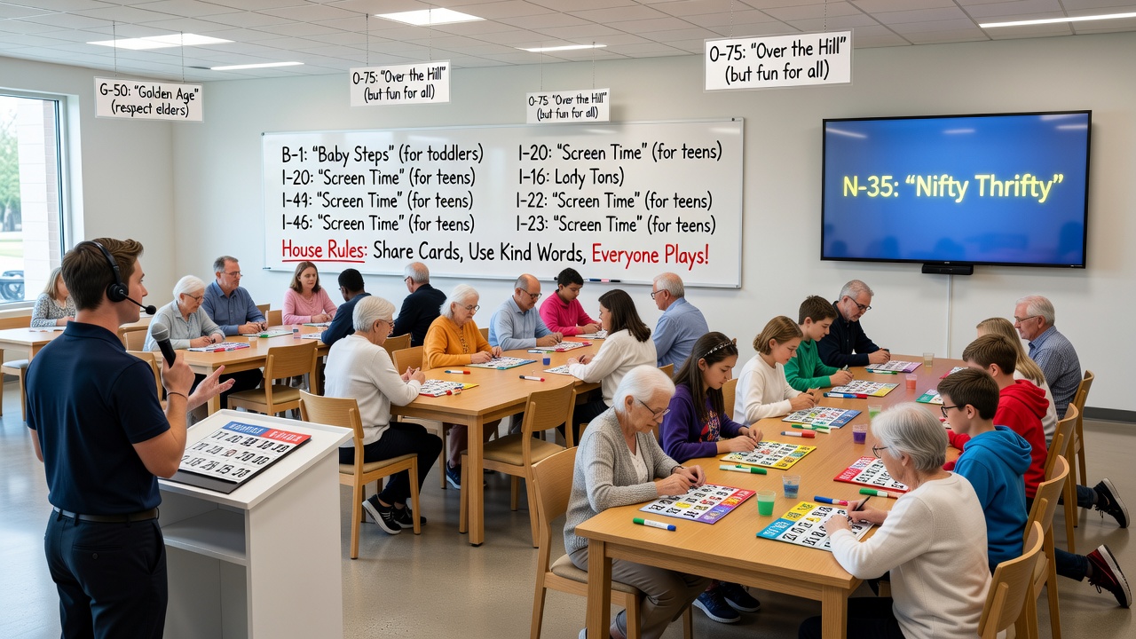 Community bingo event with families and seniors using adapted cards and visual aids for inclusive play