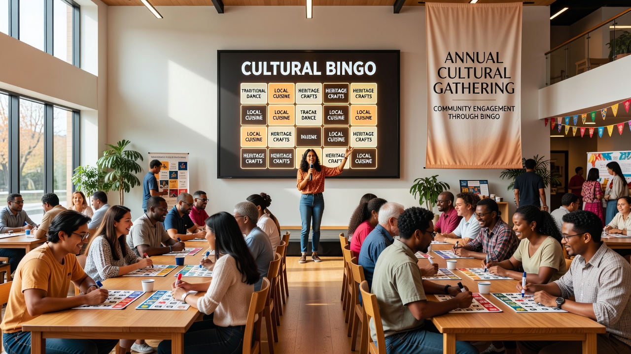 Diverse group of attendees celebrating a bingo win at an outdoor cultural event with themed decorations and shared excitement