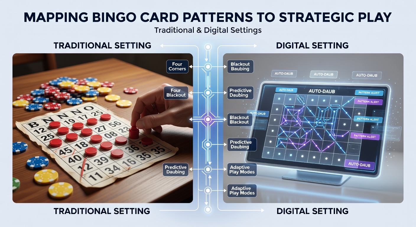 Digital bingo interface on a tablet showing highlighted patterns and real-time number calls