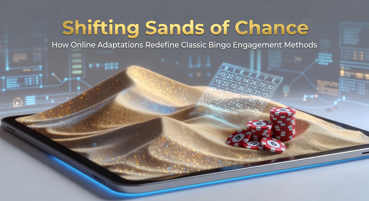Illustration of classic bingo hall transitioning to vibrant online interfaces with digital cards and players connecting globally