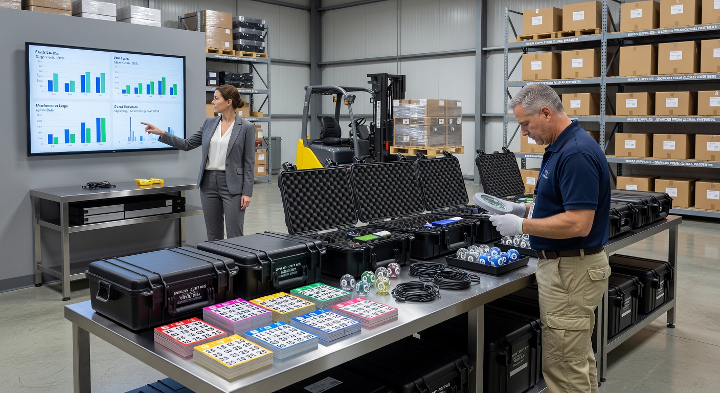Bingo equipment warehouse with rows of numbered balls, electronic daubers, and card printing stations ready for large event distribution