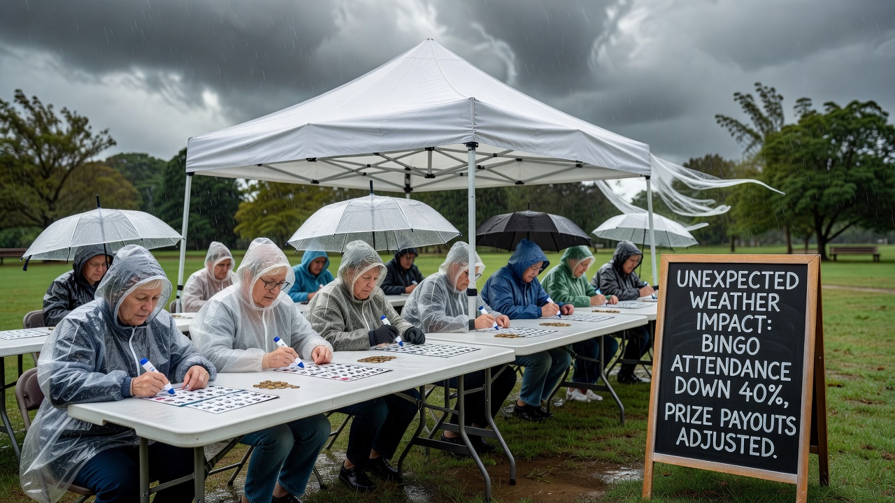 Rainy weather impacting attendance at an outdoor bingo event during a festival