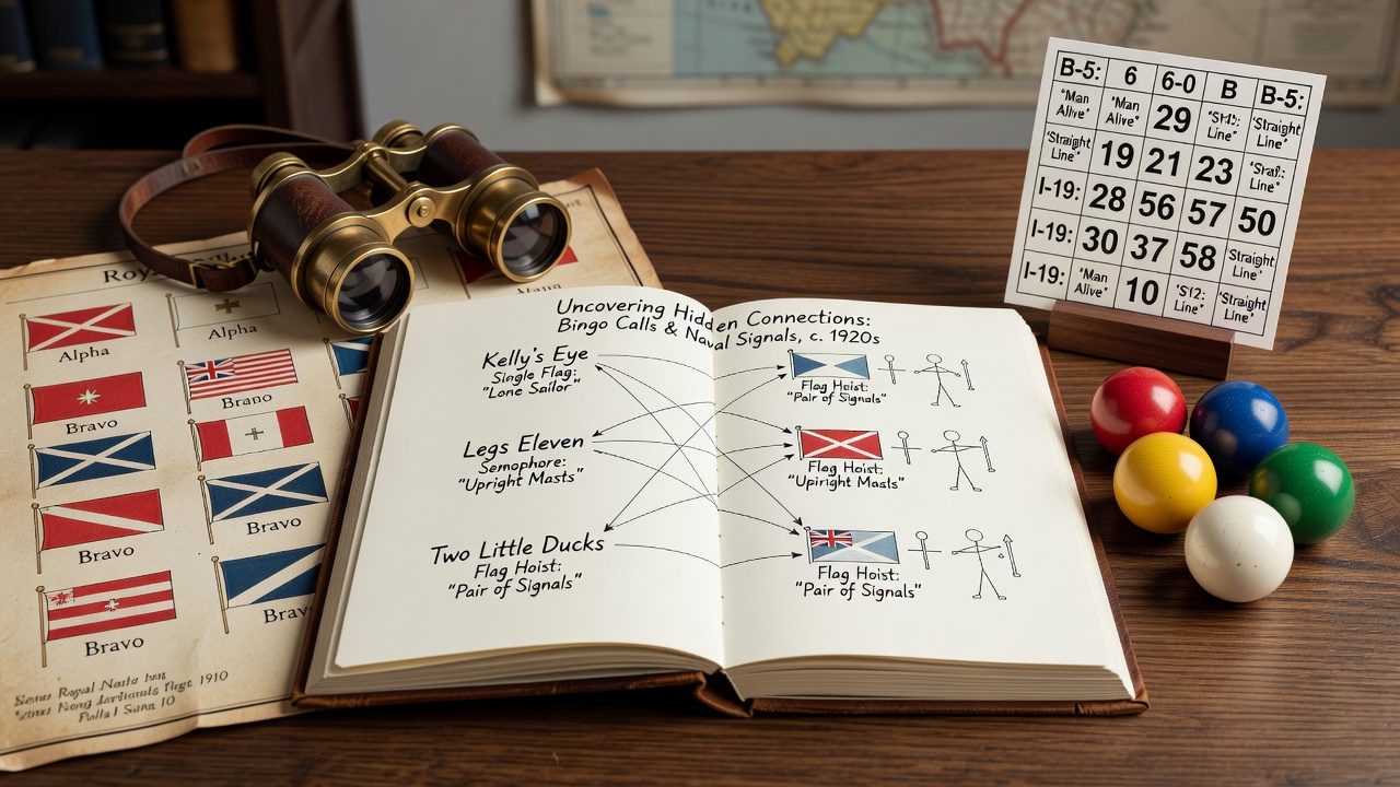 Historical naval signal flags alongside early 20th century bingo cards showing shared numerical patterns